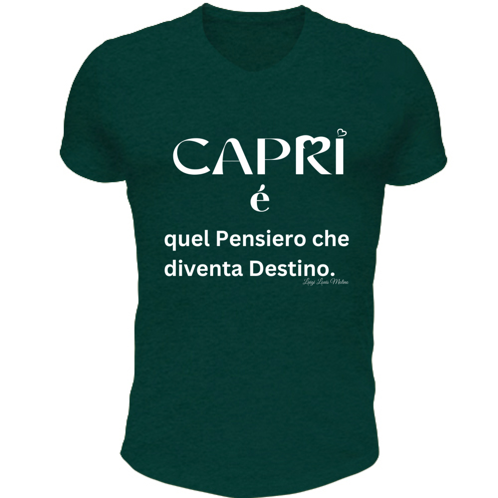 T-Shirt Unisex Scollo V Capri quel Pensiero che diventa Destino scritta bi