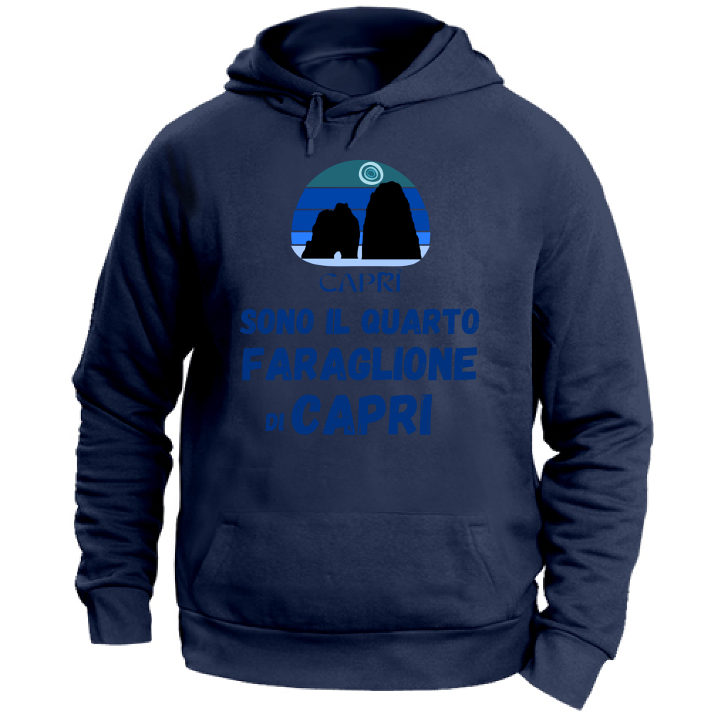 Felpa Unisex con Cappuccio SONO IL QUARTO FARAGLIONE DI CAPRI SCRITTA BLUE