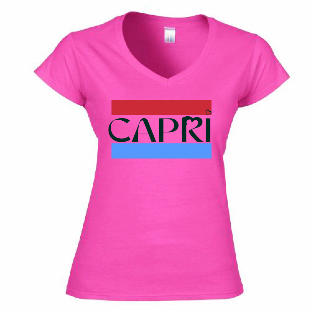 Women's T-Shirt V-Neck CAPRI RED BLUE BAND BLACK WRITING