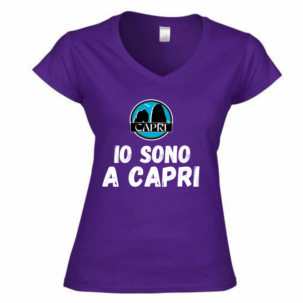 T-Shirt Donna Scollo V IO SONO A CAPRI SCRITTA BIANCA