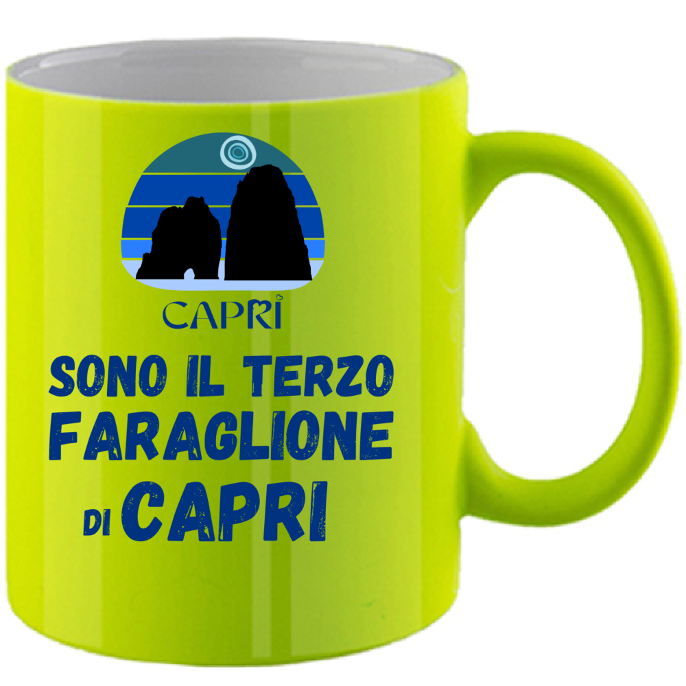 Fluo Mug I AM THE THIRD FARAGLIONE OF CAPRI BLUE WRITING