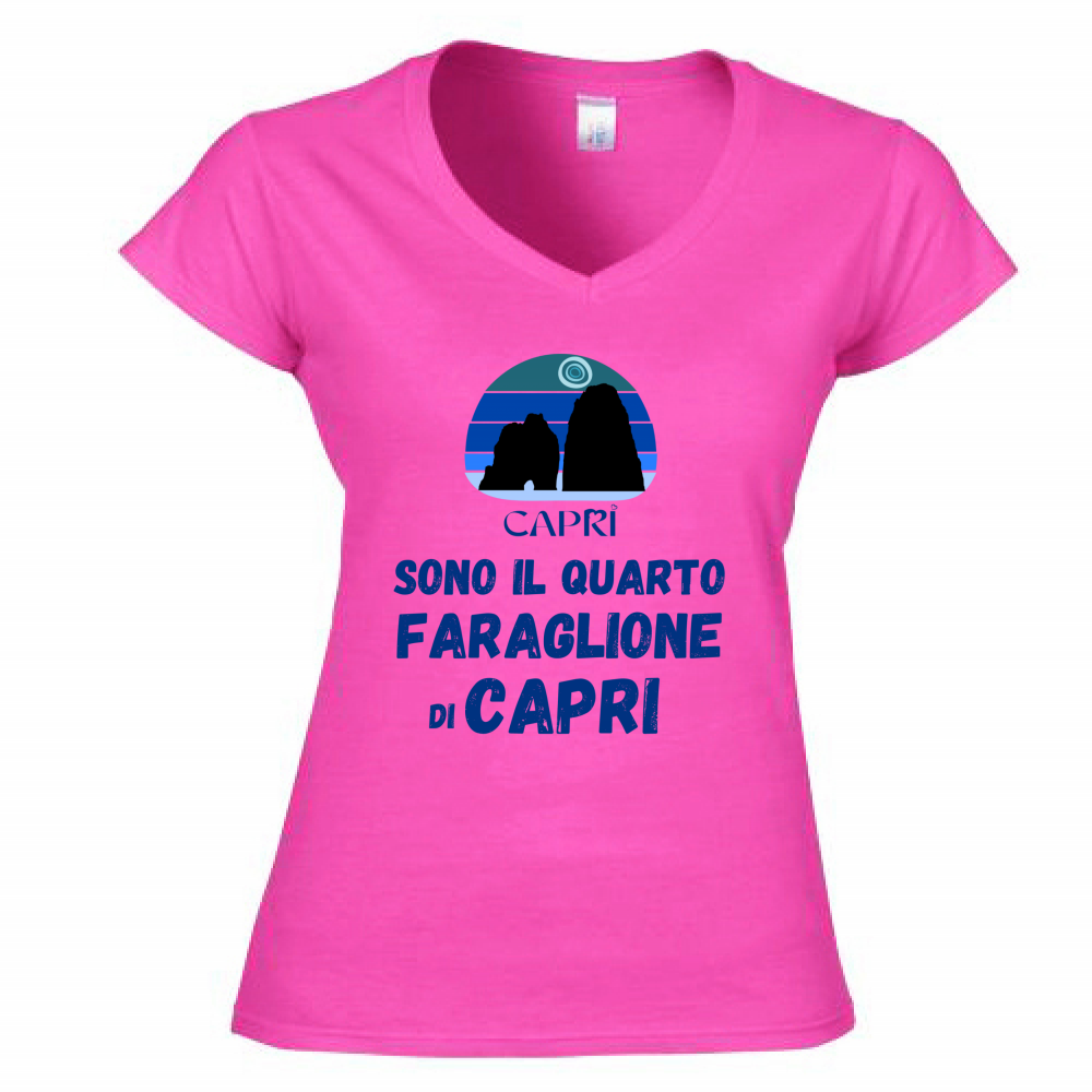 T-Shirt Donna Scollo V SONO IL QUARTO FARAGLIONE DI CAPRI SCRITTA BLUE