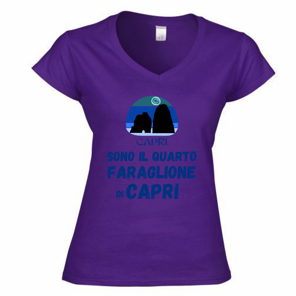 T-Shirt Donna Scollo V SONO IL QUARTO FARAGLIONE DI CAPRI SCRITTA BLUE