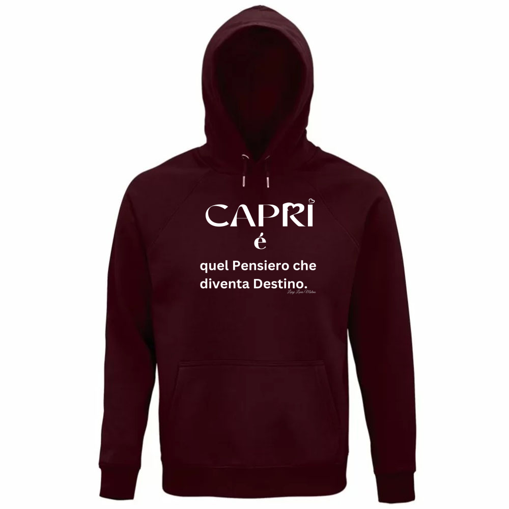 Felpa Organica Unisex Cappuccio Capri quel Pensiero che diventa Destino scritta bi