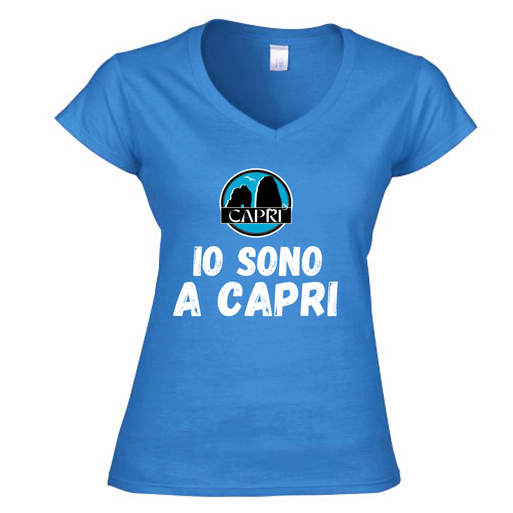 T-Shirt Donna Scollo V IO SONO A CAPRI SCRITTA BIANCA