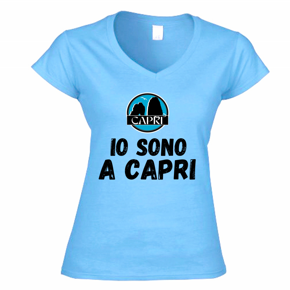 T-Shirt Donna Scollo V IO SONO A CAPRI SCRITTA NERA