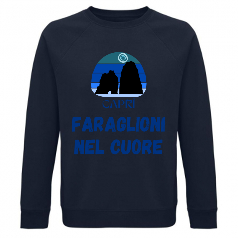 Felpa Unisex Organica FARAGLIONI DI CAPRI NEL CUORE SCRITTA BLUE