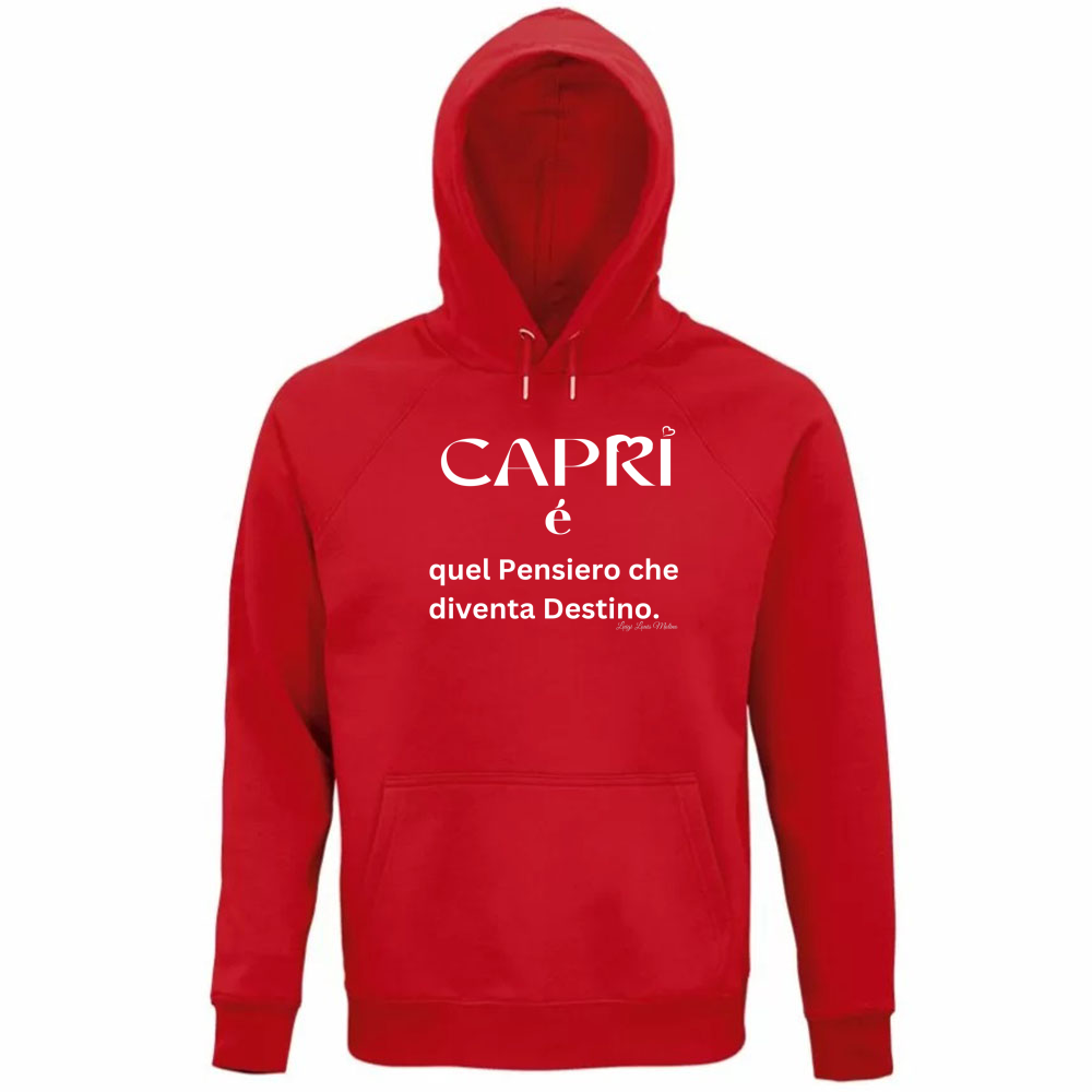 Felpa Organica Unisex Cappuccio Capri quel Pensiero che diventa Destino scritta bi