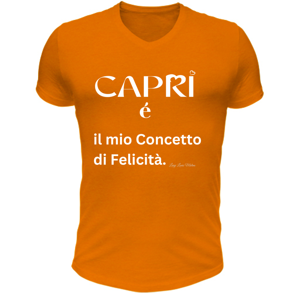 T-Shirt Unisex Scollo V Capri é il mio concetto di Felicità scritta Bian