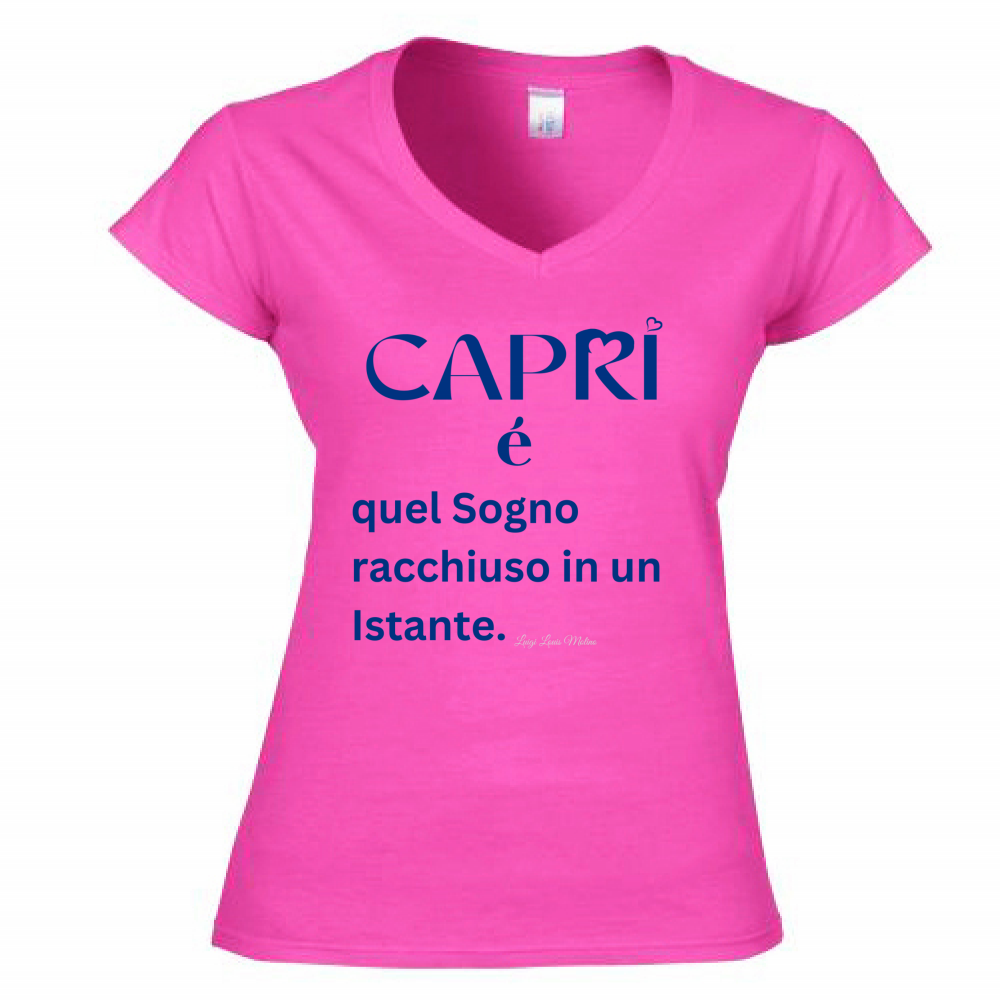 T-Shirt Donna Scollo V Capri Sogno racchiuso in un istante scritta Blue