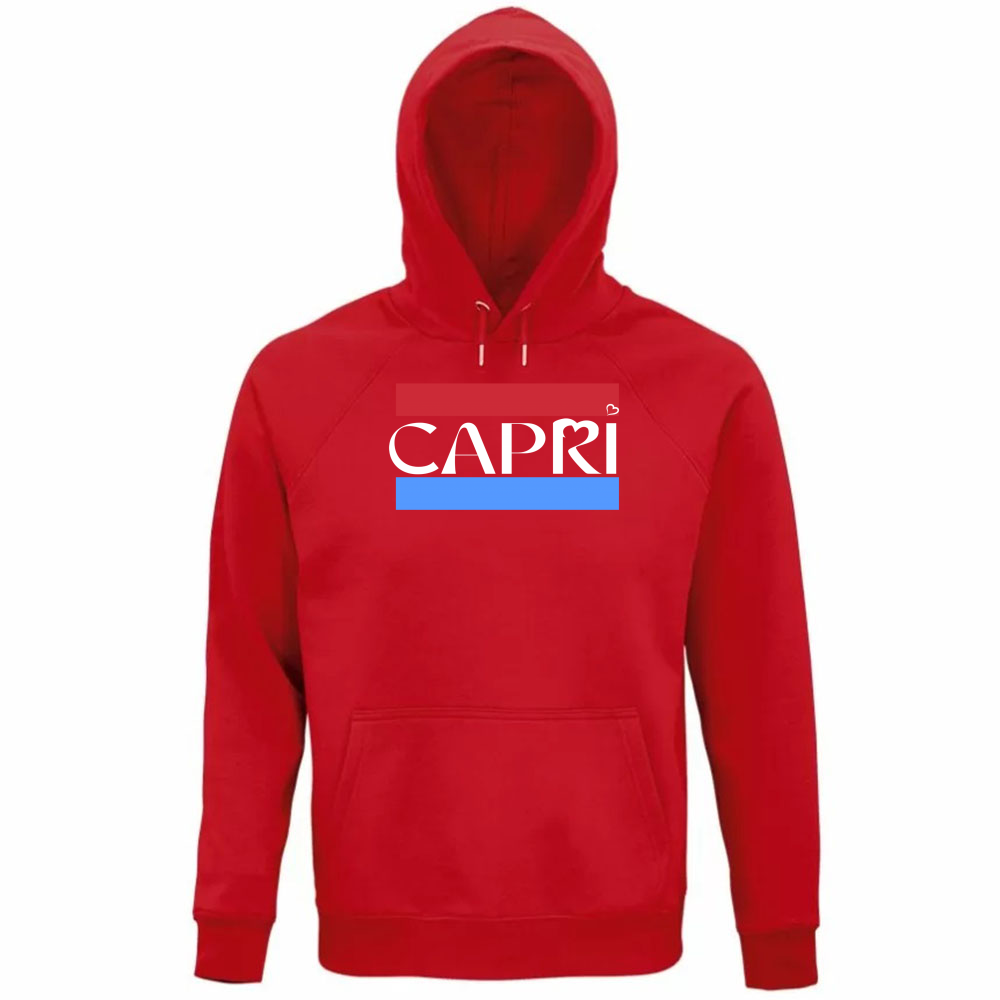 Felpa Organica Unisex Cappuccio CAPRI FASCIA ROSSO BLUE BIANCO