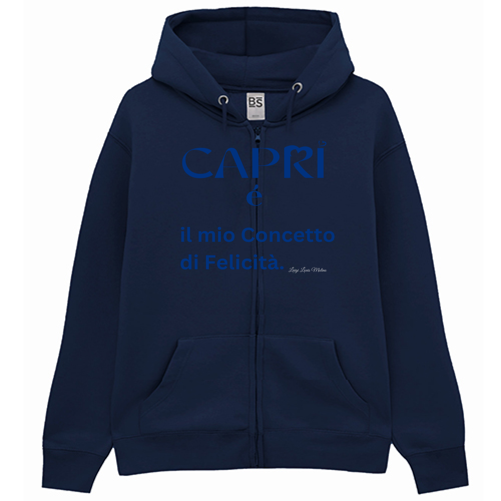 Felpa Premium Cappuccio Zip Capri é il mio concetto di Felicità scritta Blue