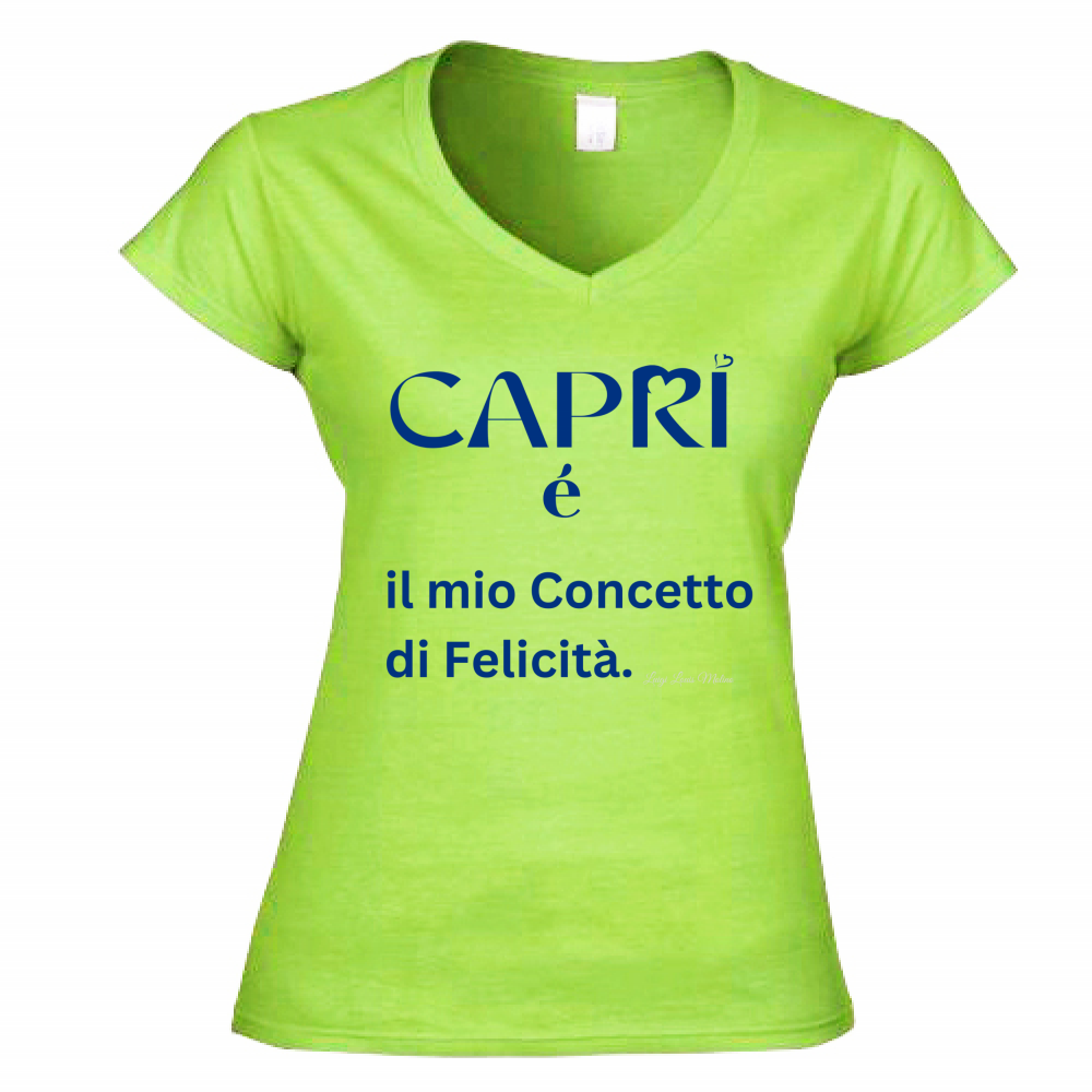 T-Shirt Donna Scollo V Capri é il mio concetto di Felicità scritta Blue