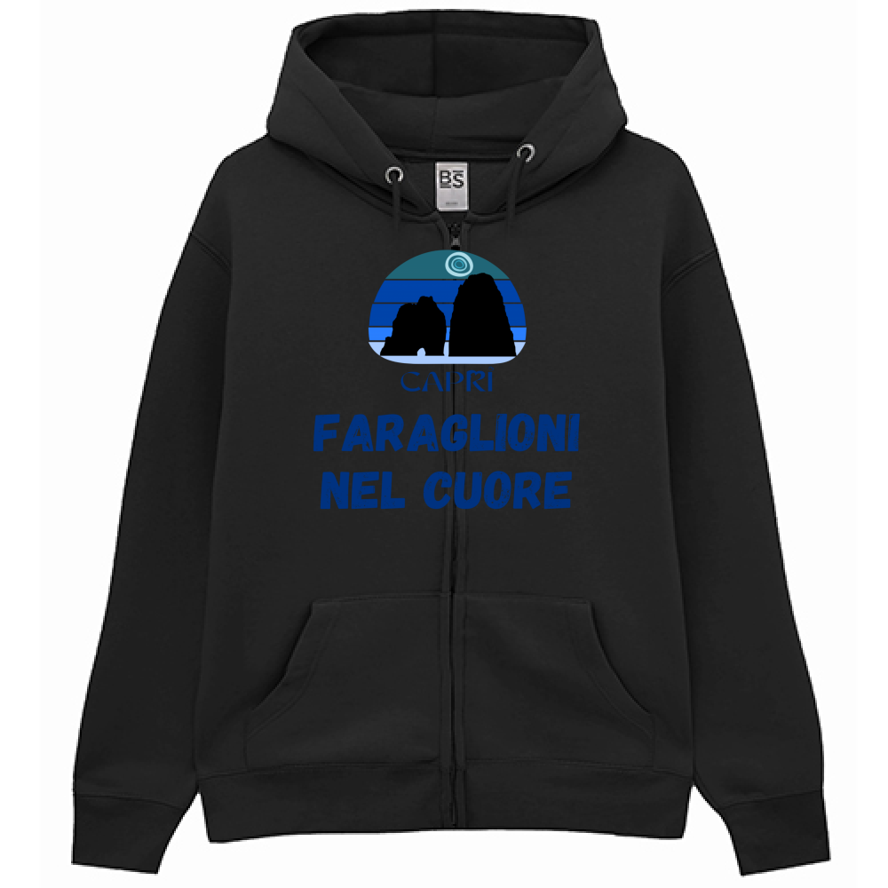 Felpa Premium Cappuccio Zip FARAGLIONI DI CAPRI NEL CUORE SCRITTA BLUE