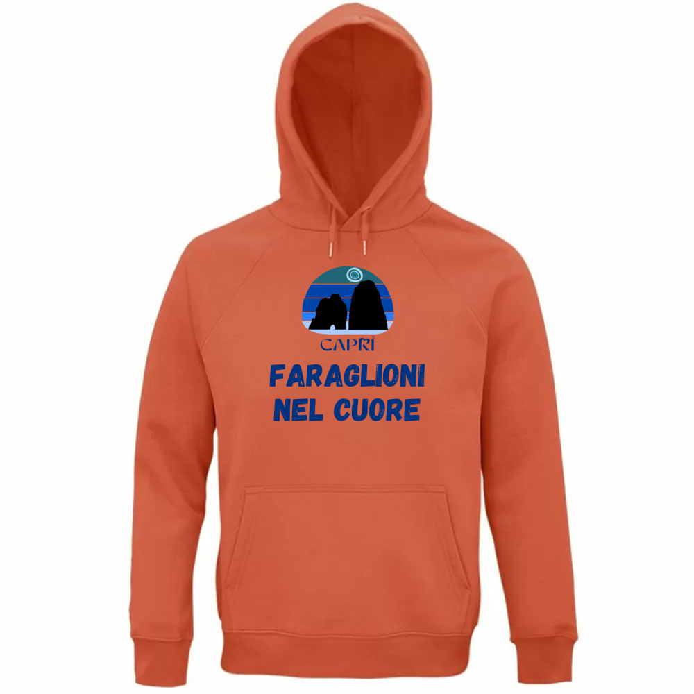 Felpa Organica Unisex Cappuccio FARAGLIONI DI CAPRI NEL CUORE SCRITTA BLUE