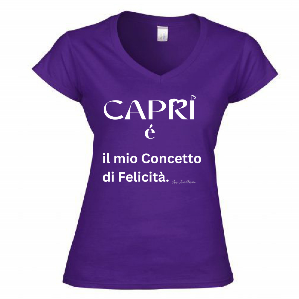 T-Shirt Donna Scollo V Capri é il mio concetto di Felicità scritta Bian