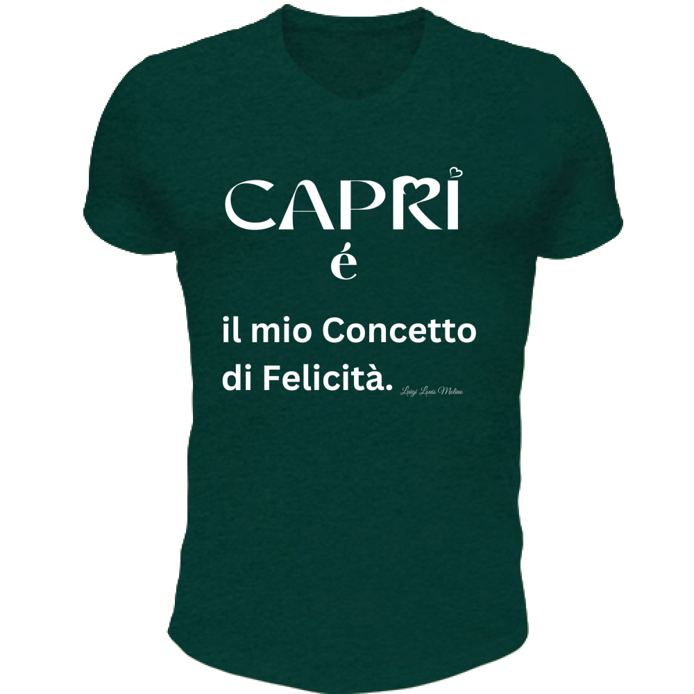 T-Shirt Unisex Scollo V Capri é il mio concetto di Felicità scritta Bian