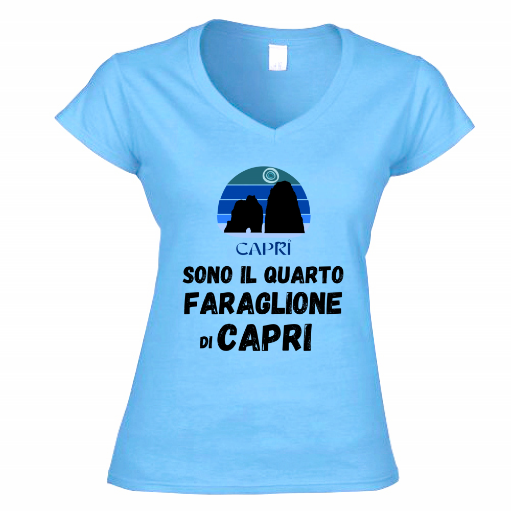 T-Shirt Donna Scollo V SONO IL QUARTO FARAGLIONE DI CAPRI SCRITTA NERA