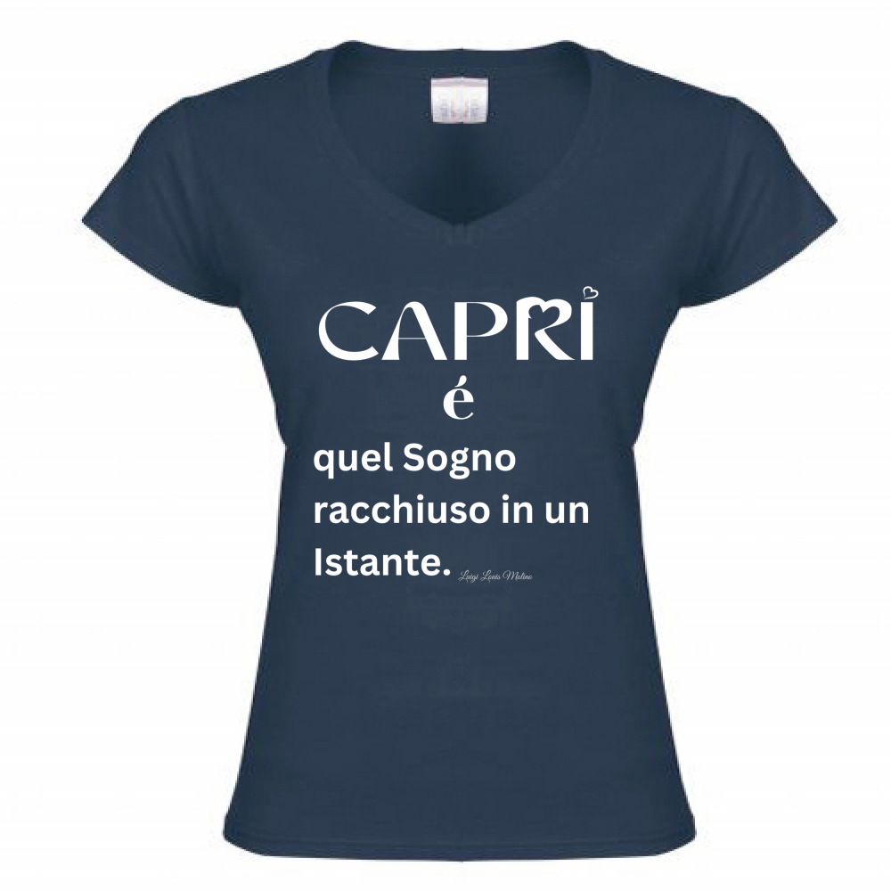 T-Shirt Donna Scollo V Capri Sogno racchiuso in un istante scritta bianca