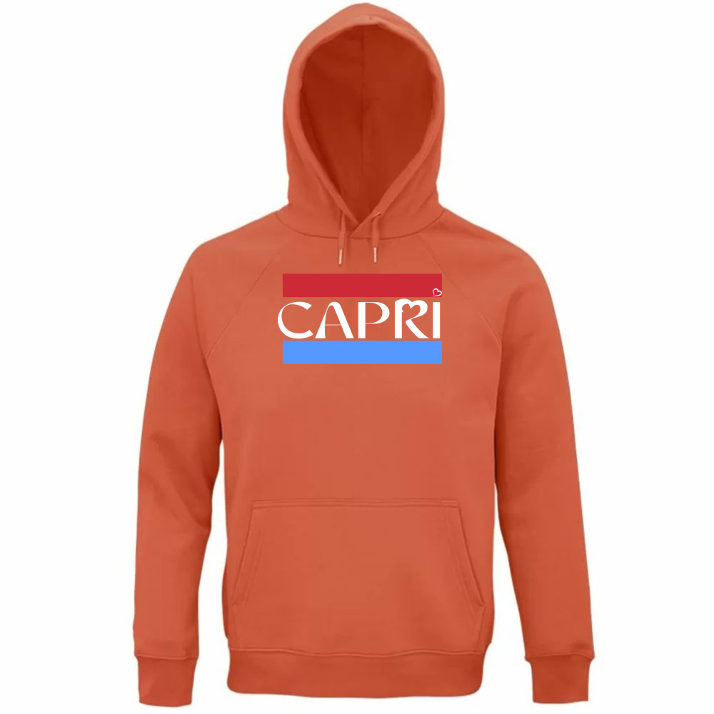 Felpa Organica Unisex Cappuccio CAPRI FASCIA ROSSO BLUE BIANCO