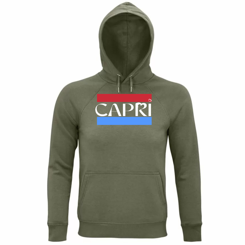 Felpa Organica Unisex Cappuccio CAPRI FASCIA ROSSO BLUE BIANCO