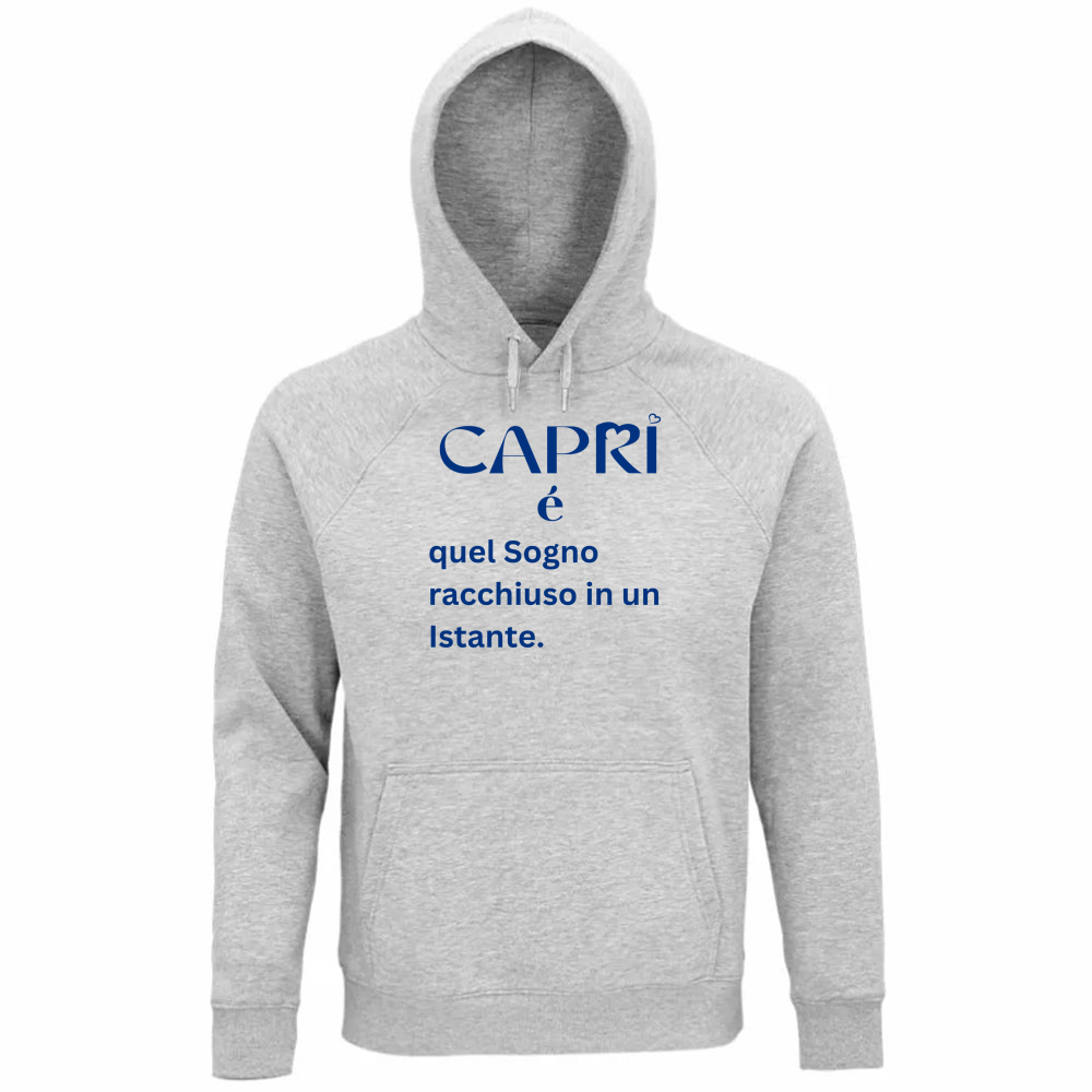 Felpa Organica Unisex Cappuccio Capri Sogno racchiuso in un istante scritta Blue