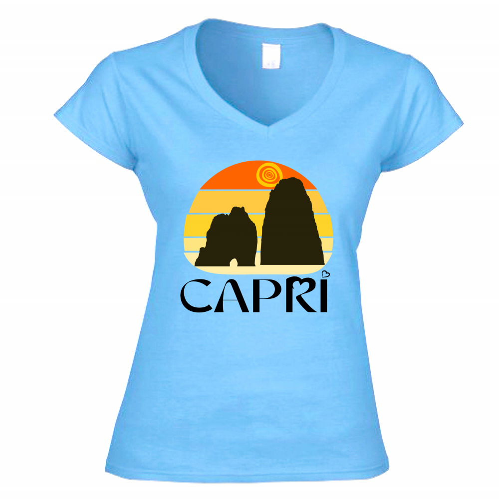 Women's T-Shirt V-Neck CAPRI SUNSET VINTAGE BLACK WRITING