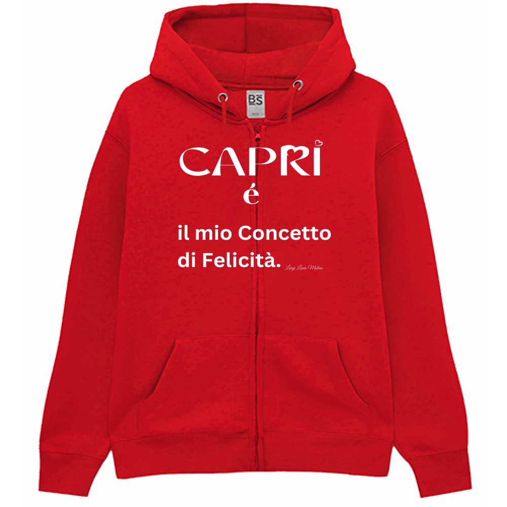 Felpa Premium Cappuccio Zip Capri é il mio concetto di Felicità scritta Bian