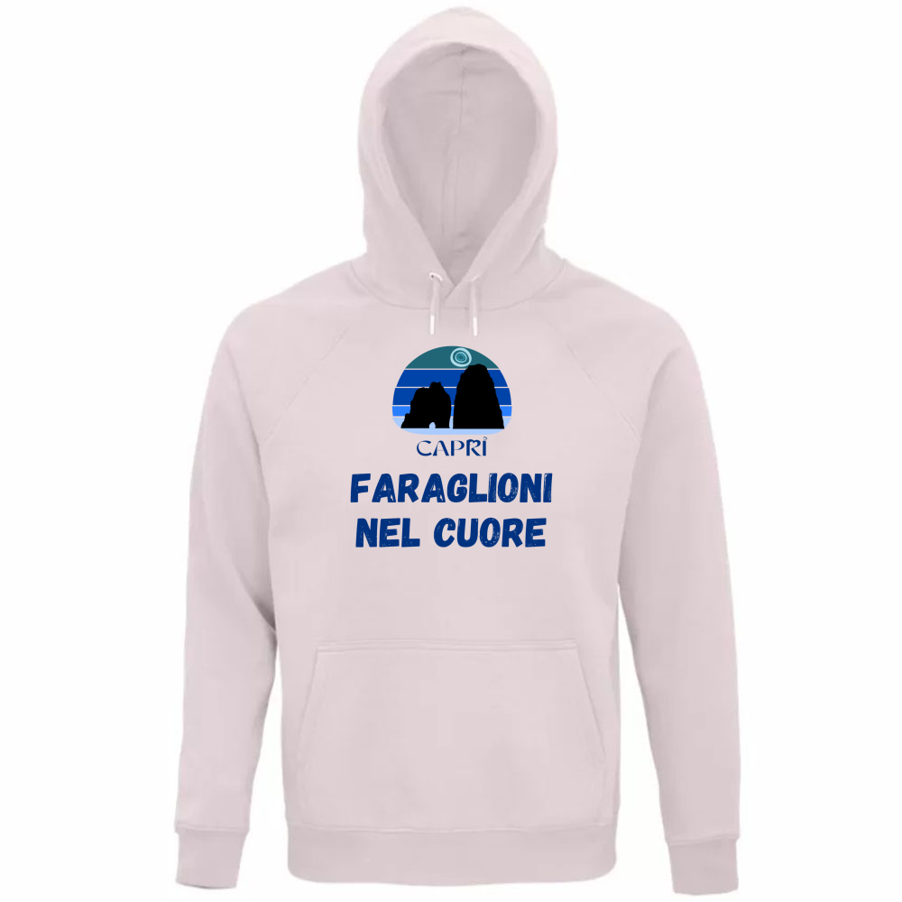 Felpa Organica Unisex Cappuccio FARAGLIONI DI CAPRI NEL CUORE SCRITTA BLUE