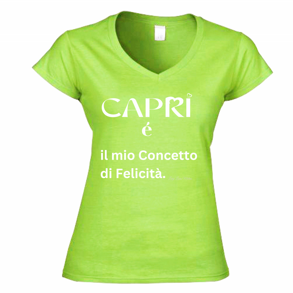 T-Shirt Donna Scollo V Capri é il mio concetto di Felicità scritta Bian