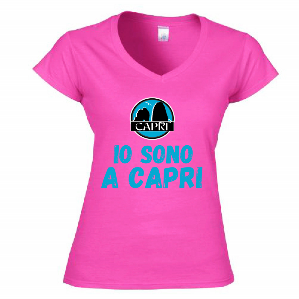 T-Shirt Donna Scollo V IO SONO A CAPRI SCRITTA AZZURRA