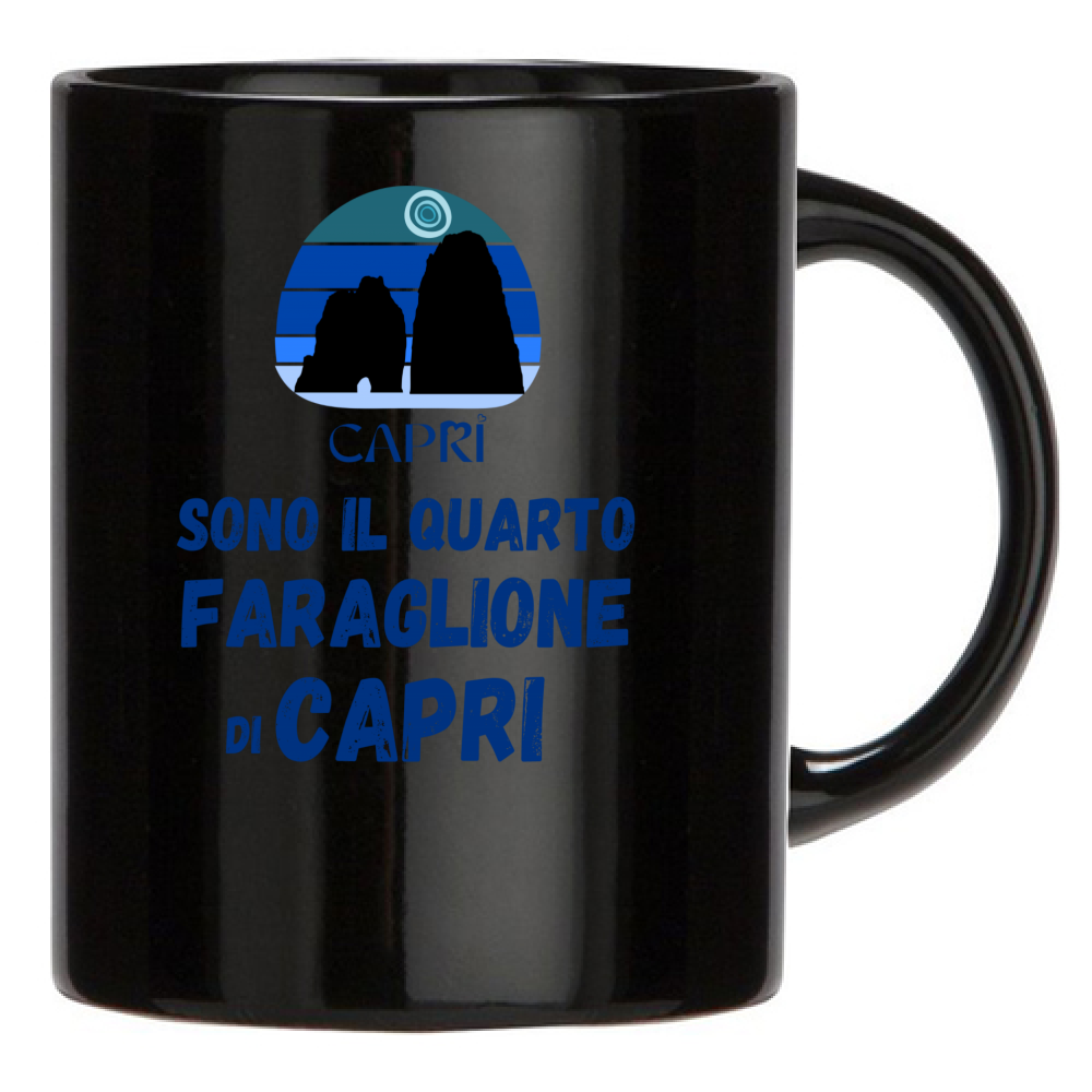 Black Mug I AM THE FOURTH FARAGLIONE OF CAPRI BLUE WRITING