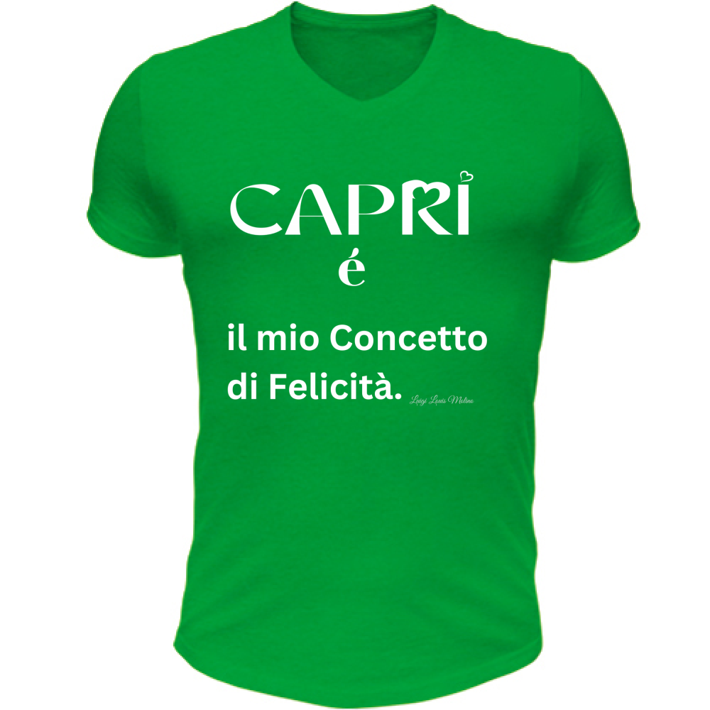 T-Shirt Unisex Scollo V Capri é il mio concetto di Felicità scritta Bian