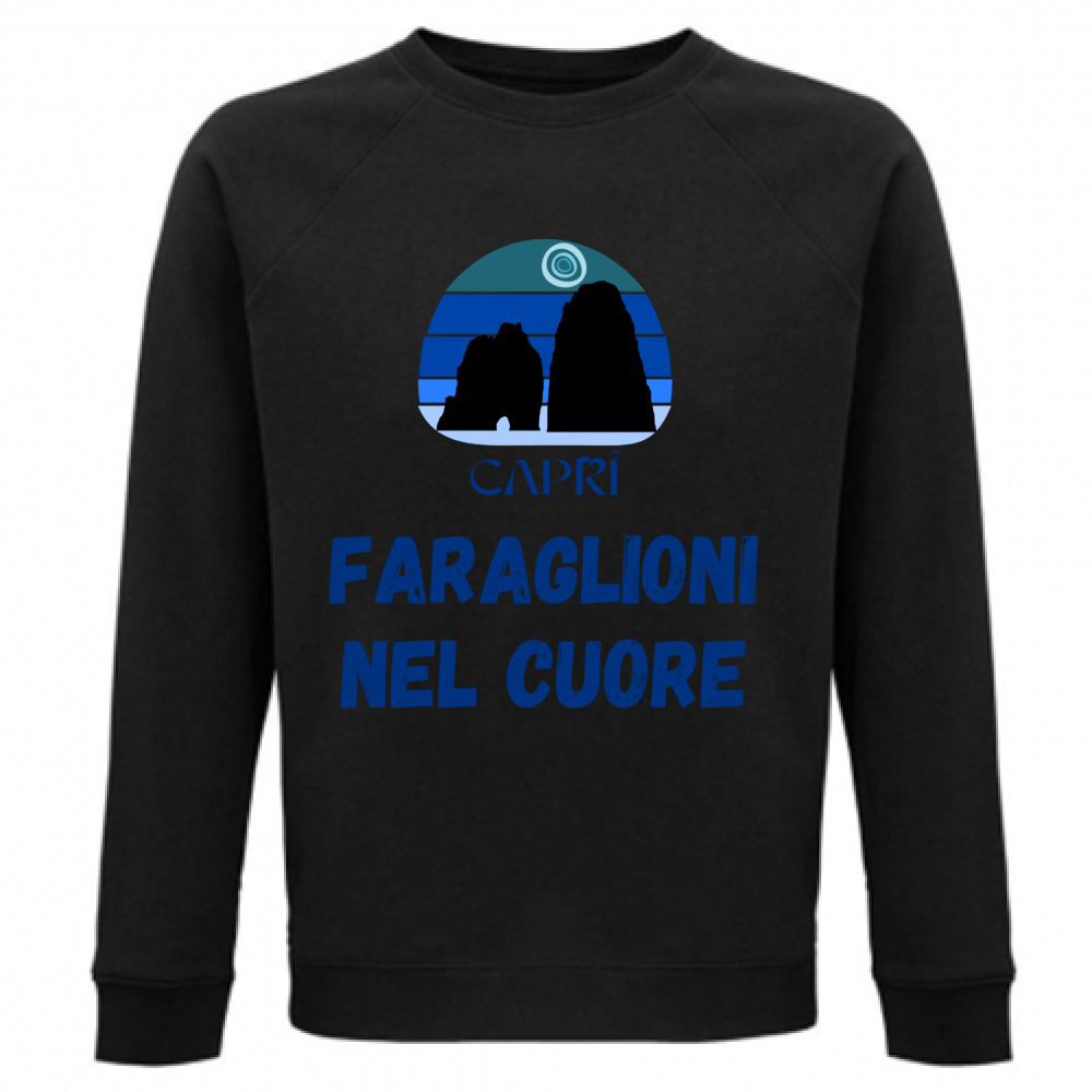 Felpa Unisex Organica FARAGLIONI DI CAPRI NEL CUORE SCRITTA BLUE