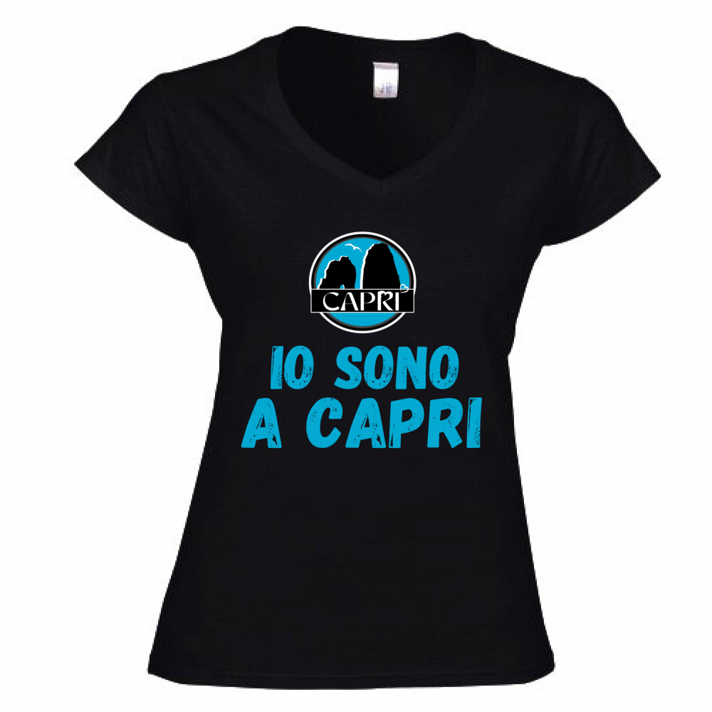 T-Shirt Donna Scollo V IO SONO A CAPRI SCRITTA AZZURRA