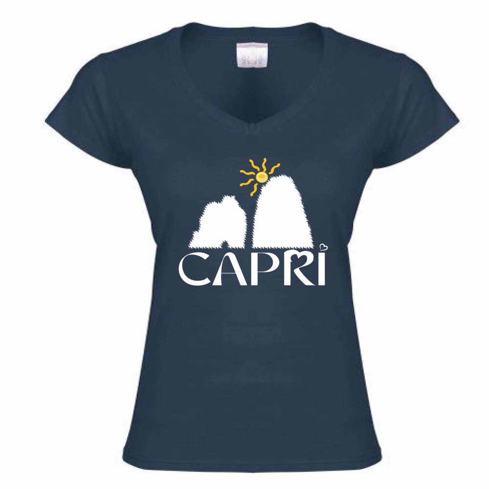 Women's T-Shirt V-Neck CAPRI HAPPY FARAGLIONI WHITE