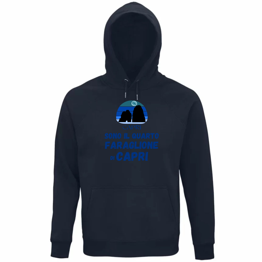 Felpa Organica Unisex Cappuccio SONO IL QUARTO FARAGLIONE DI CAPRI SCRITTA BLUE