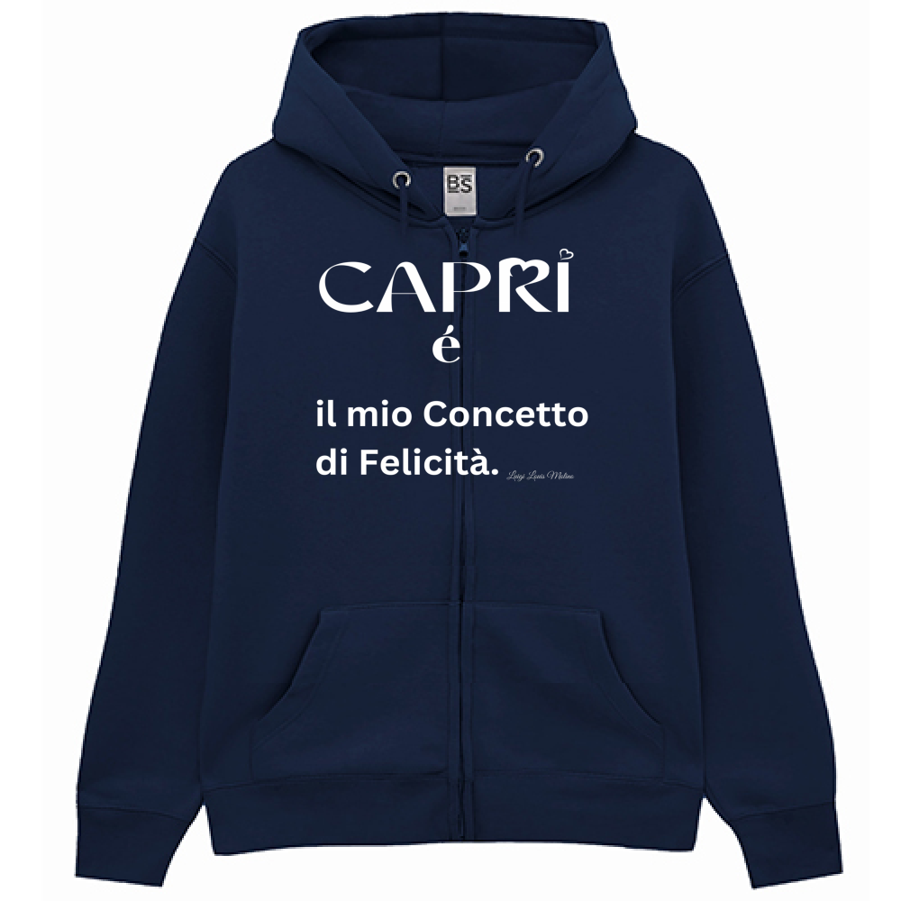 Felpa Premium Cappuccio Zip Capri é il mio concetto di Felicità scritta Bian