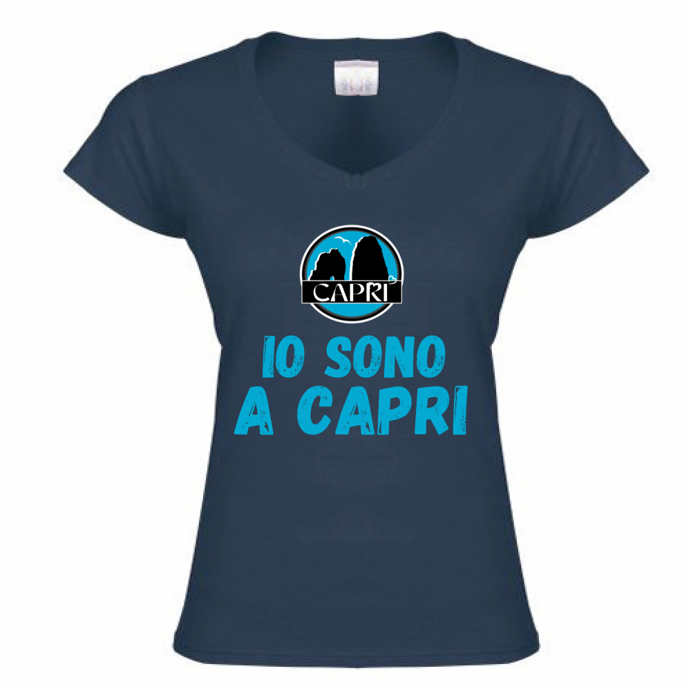 T-Shirt Donna Scollo V IO SONO A CAPRI SCRITTA AZZURRA