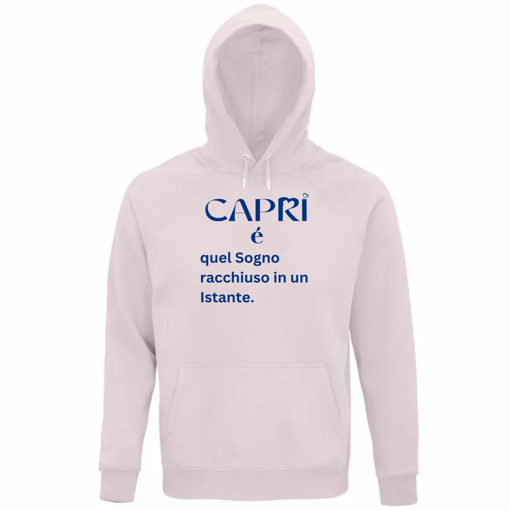 Felpa Organica Unisex Cappuccio Capri Sogno racchiuso in un istante scritta Blue