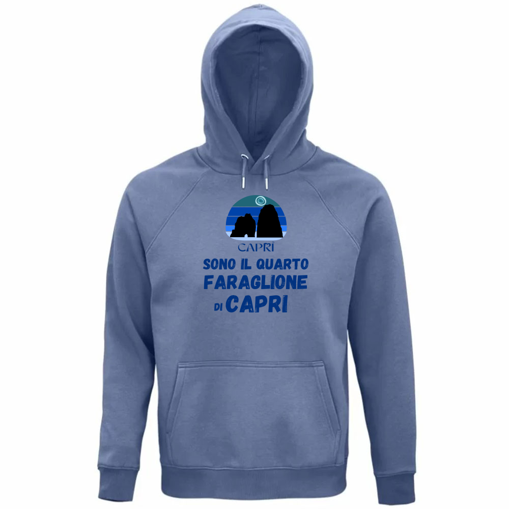 Felpa Organica Unisex Cappuccio SONO IL QUARTO FARAGLIONE DI CAPRI SCRITTA BLUE