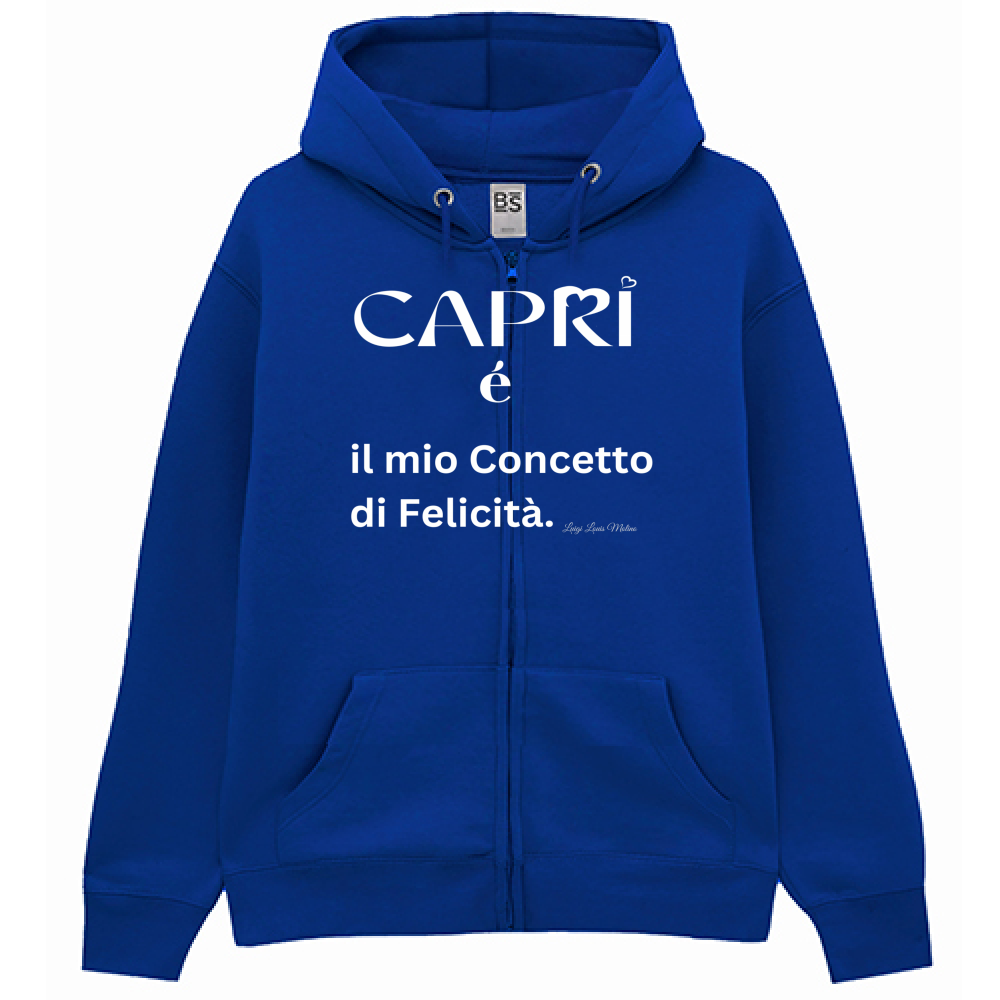 Felpa Premium Cappuccio Zip Capri é il mio concetto di Felicità scritta Bian