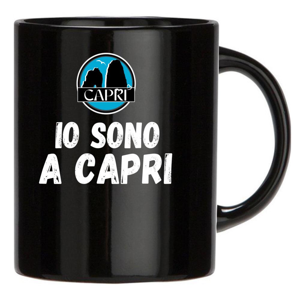 Black Mug I AM IN CAPRI WHITE WRITING