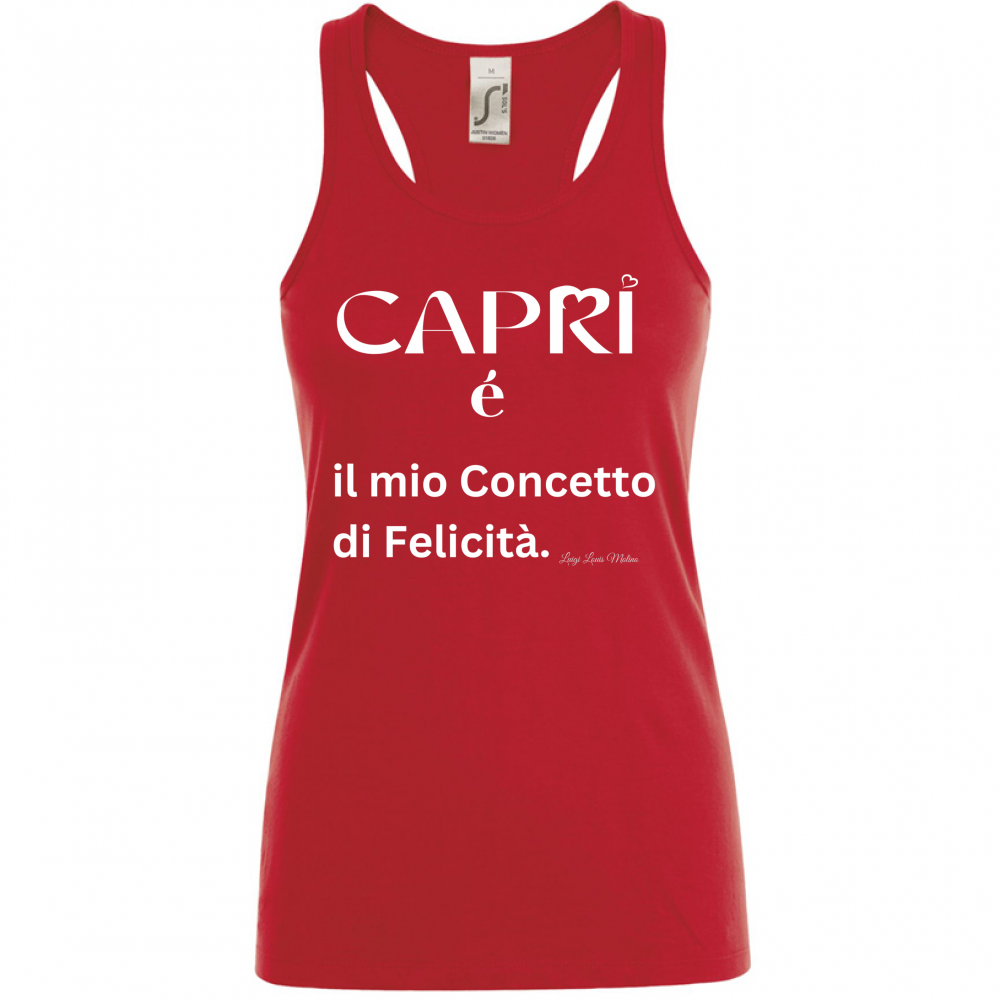 Canotta Donna Capri é il mio concetto di Felicità scritta Bian