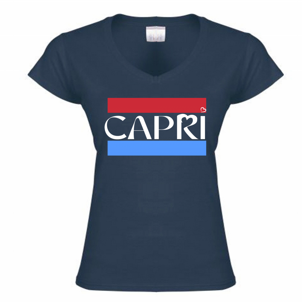 Women's T-Shirt V-Neck CAPRI BAND RED BLUE WHITE