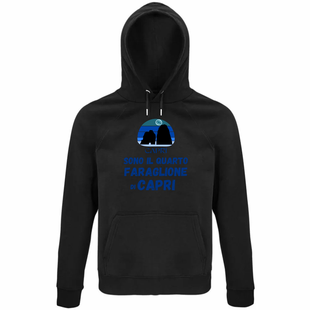 Felpa Organica Unisex Cappuccio SONO IL QUARTO FARAGLIONE DI CAPRI SCRITTA BLUE