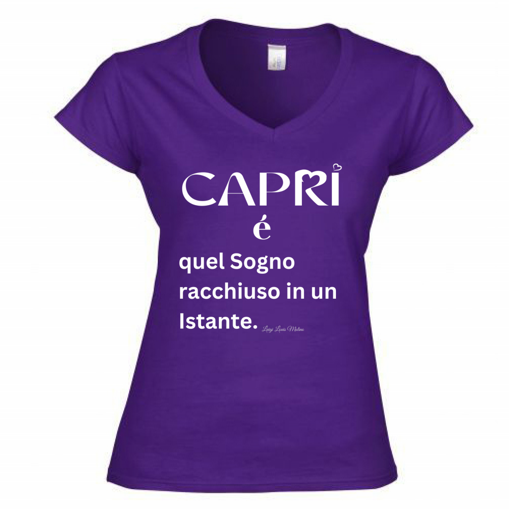 T-Shirt Donna Scollo V Capri Sogno racchiuso in un istante scritta bianca