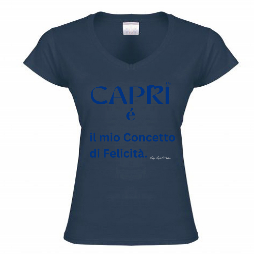 T-Shirt Donna Scollo V Capri é il mio concetto di Felicità scritta Blue