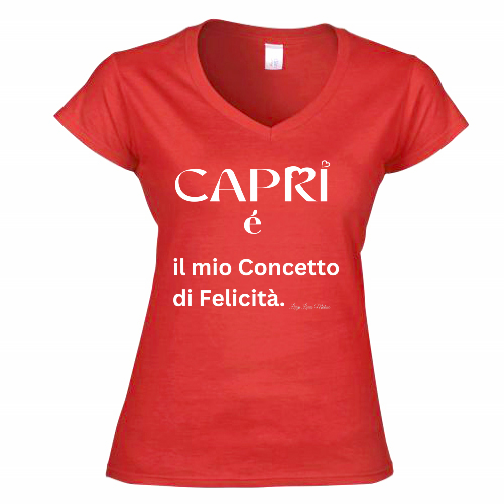 T-Shirt Donna Scollo V Capri é il mio concetto di Felicità scritta Bian