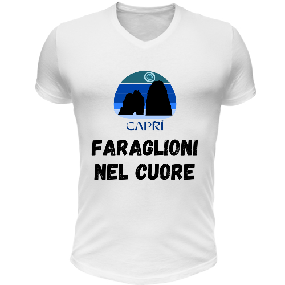 T-Shirt Unisex Scollo V FARAGLIONI DI CAPRI NEL CUORE SCRITTA NERA
